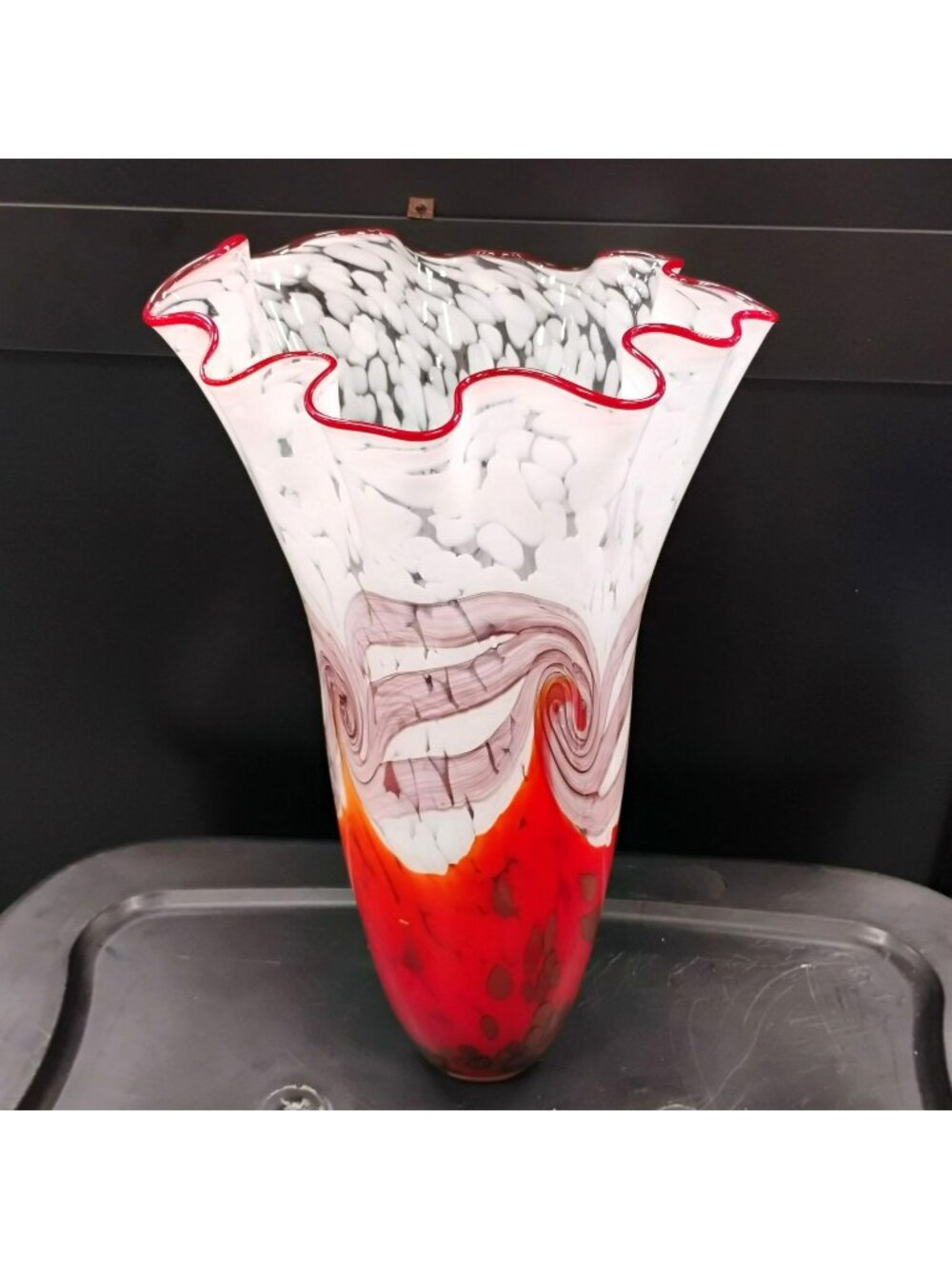 Vintage 16" Hand Blown Art Glass Handkerchief Vase Red White Swirl Ruffled Rim